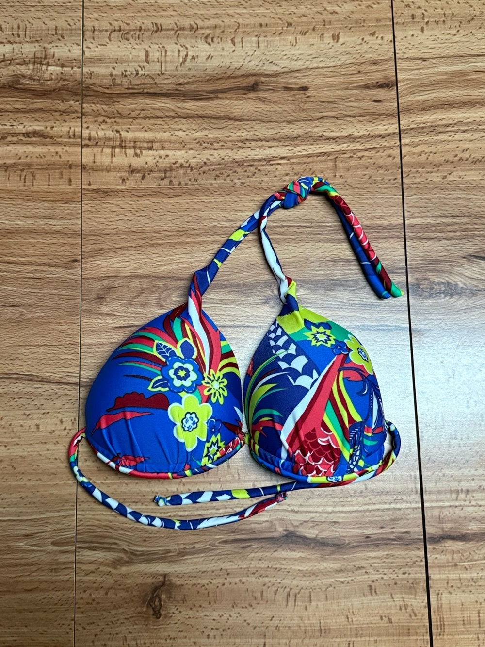 Women’s Swim Colorful Leaf Royal Blue Brazilian Bikini Top- Padded